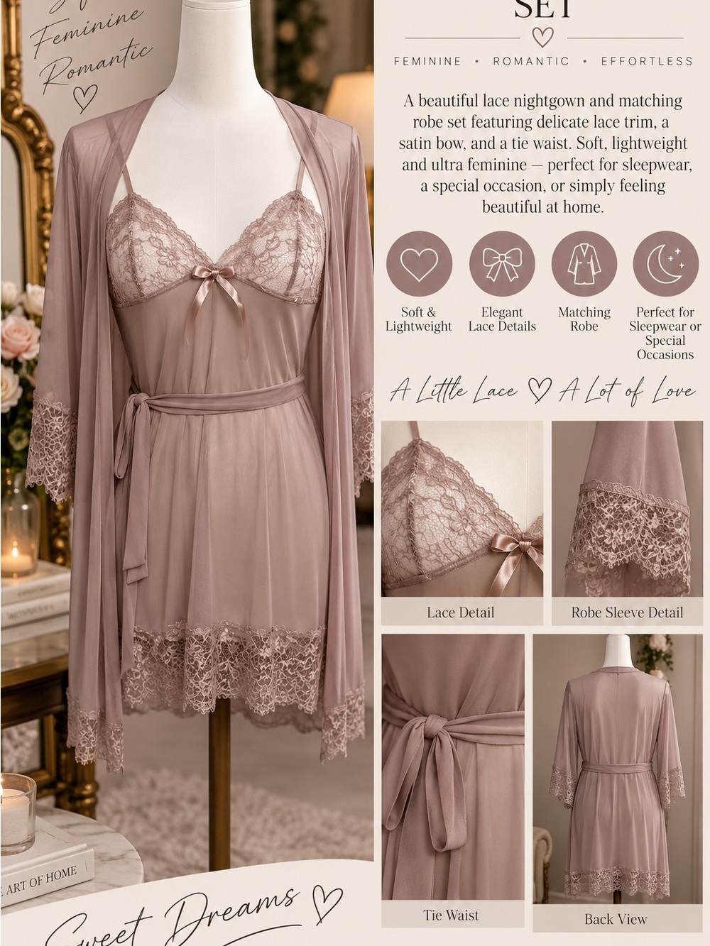 Lace Trim Nightgown & Robe Set - Dusty Mauve